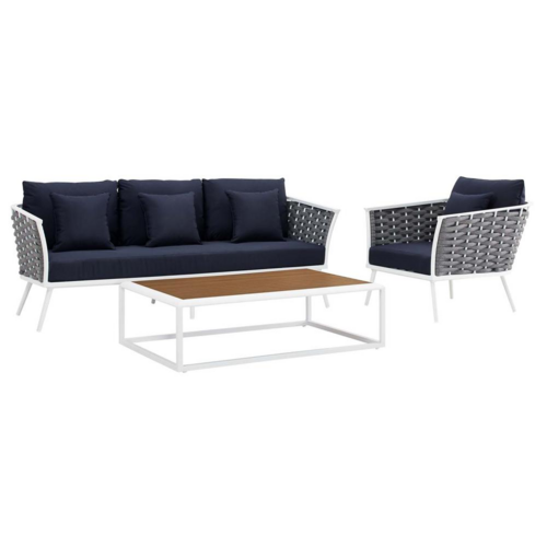 Stance 3 Piece Outdoor Patio Aluminum Sectional Sofa Set - White Navy